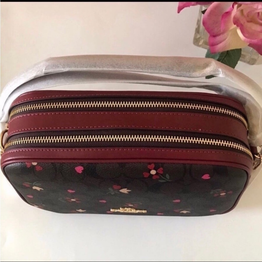 Coach Jes Red Leather Crossbody In Signature Canvas With Heart Petal Print - Picture 10 of 11
